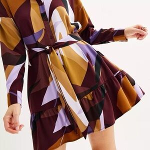 Nine West Mini Dress Ruffle Hem Lightweight Brown Purple Geo Multi Women